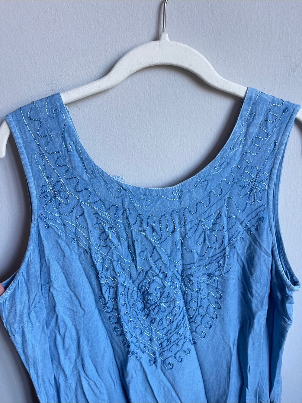 Boho Sleeveless Light Blue Embroidered Maxi Dress with Tie-Up Back